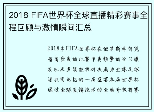 2018 FIFA世界杯全球直播精彩赛事全程回顾与激情瞬间汇总
